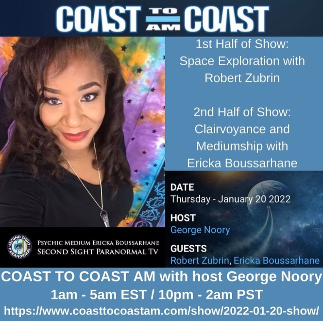 Coast to Coast AM promo for Ericka Boussarhane on clairvoyance and mediumship with host George Noory