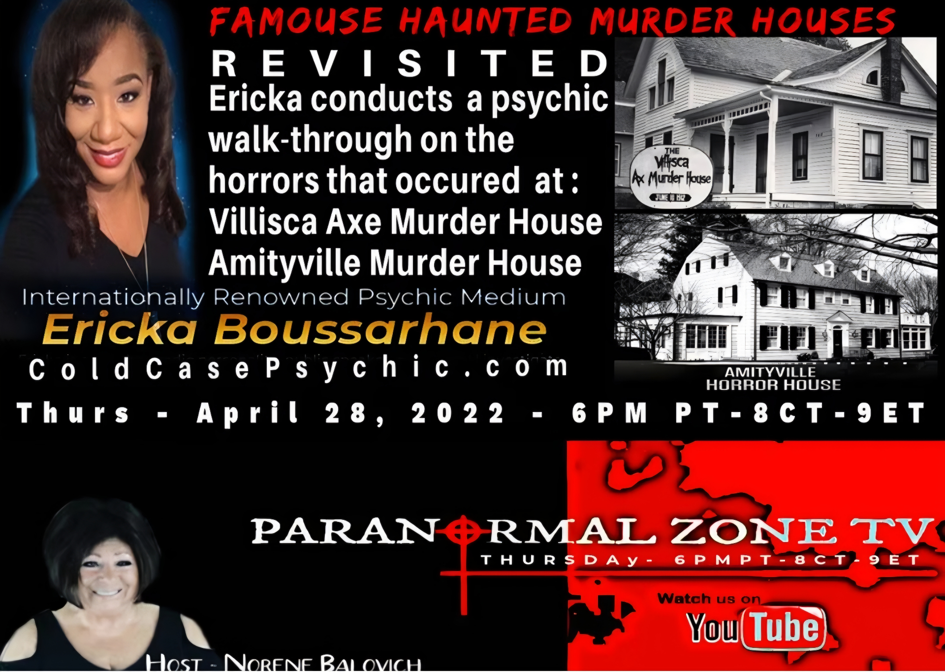 Paranormal Zone TV promo, Ericka Boussarhane psychic walk-through of the Villisca Axe Murder House and Amityville Murder House