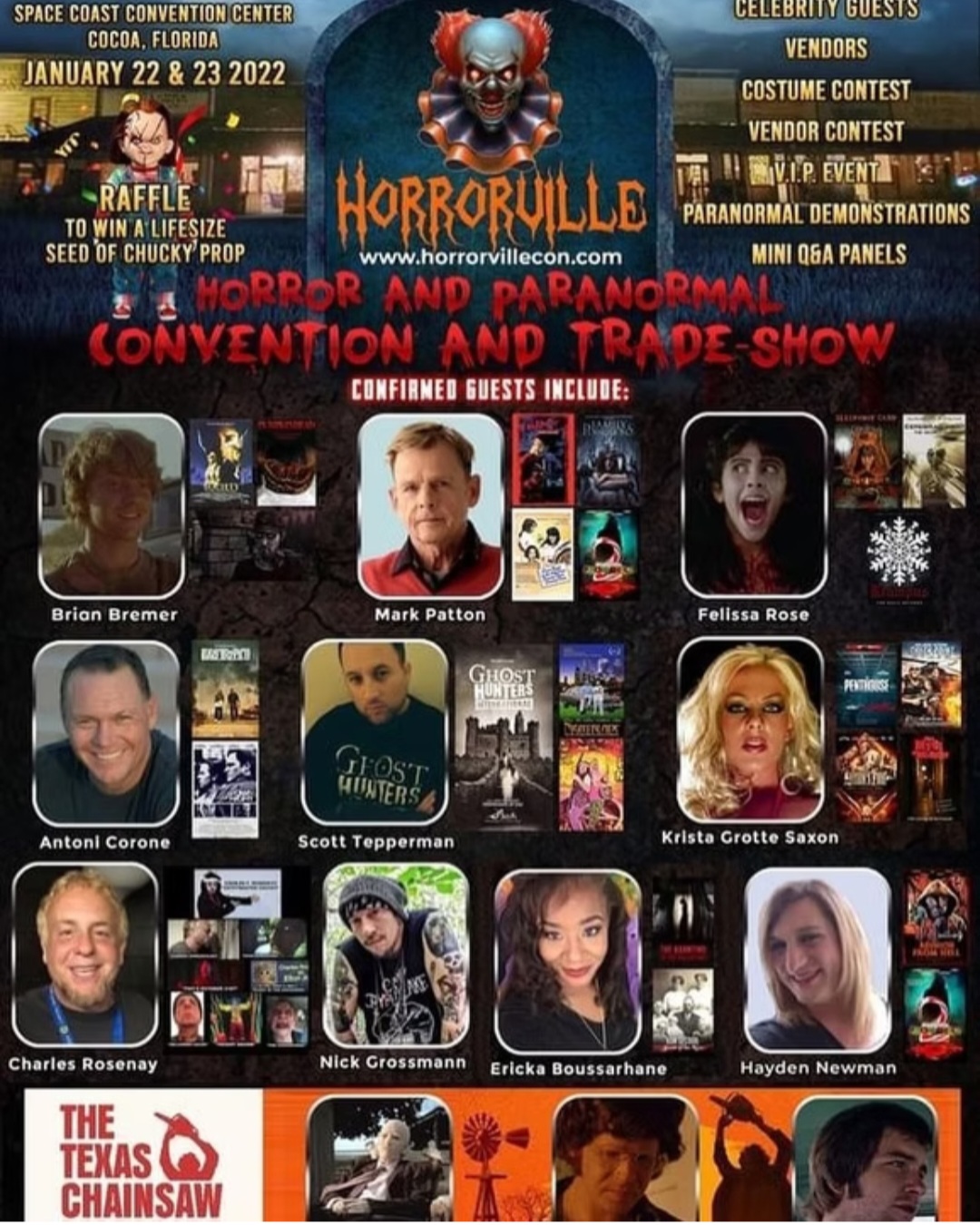 Horrorville horror and paranormal convention poster listing guest Ericka Boussarhane