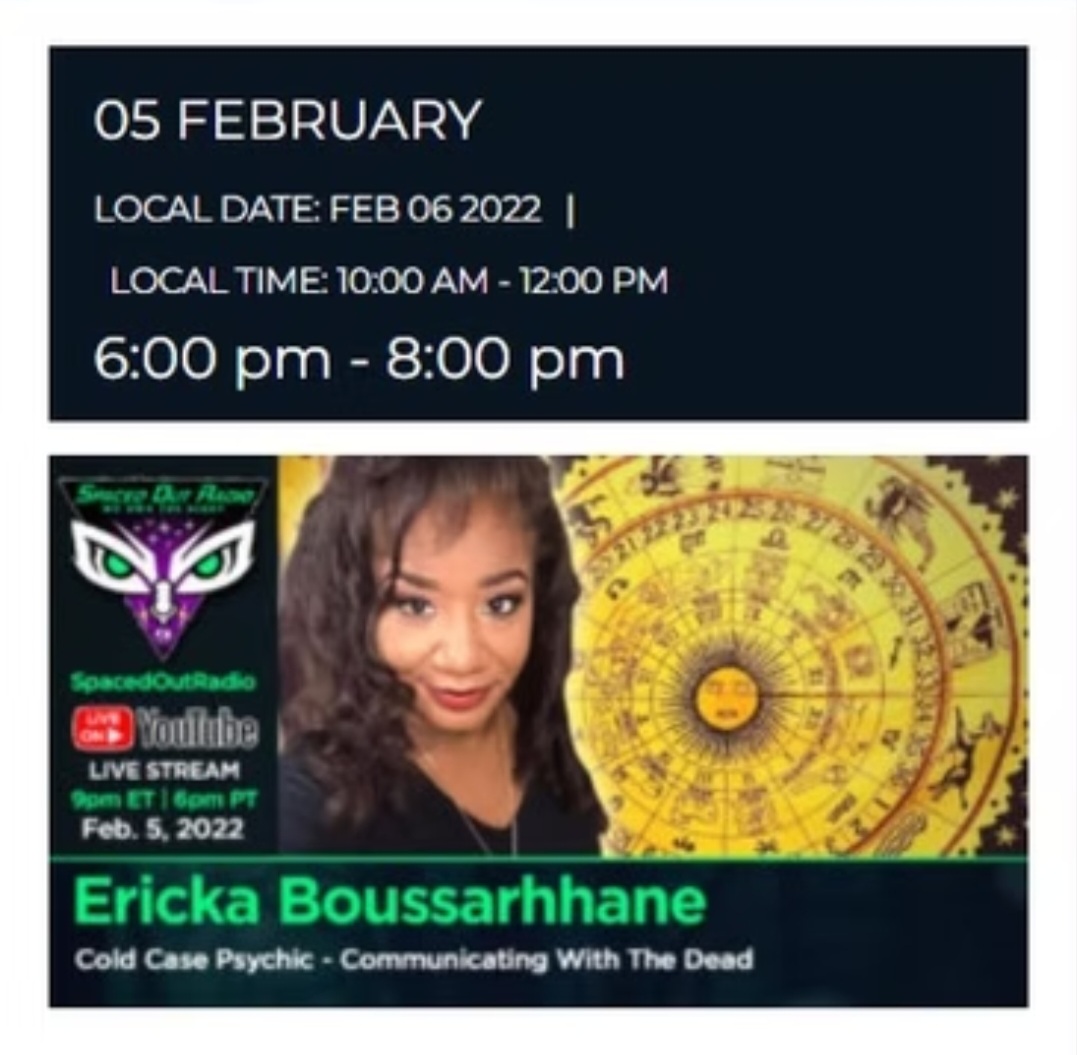 Spaced Out Radio live stream promo, Cold Case Psychic: Communicating With The Dead with Ericka Boussarhane