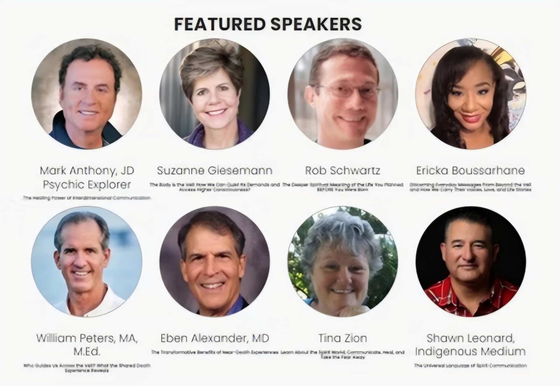 Featured speakers panel including Ericka Boussarhane, Mark Anthony JD, Suzanne Giesemann and Eben Alexander MD