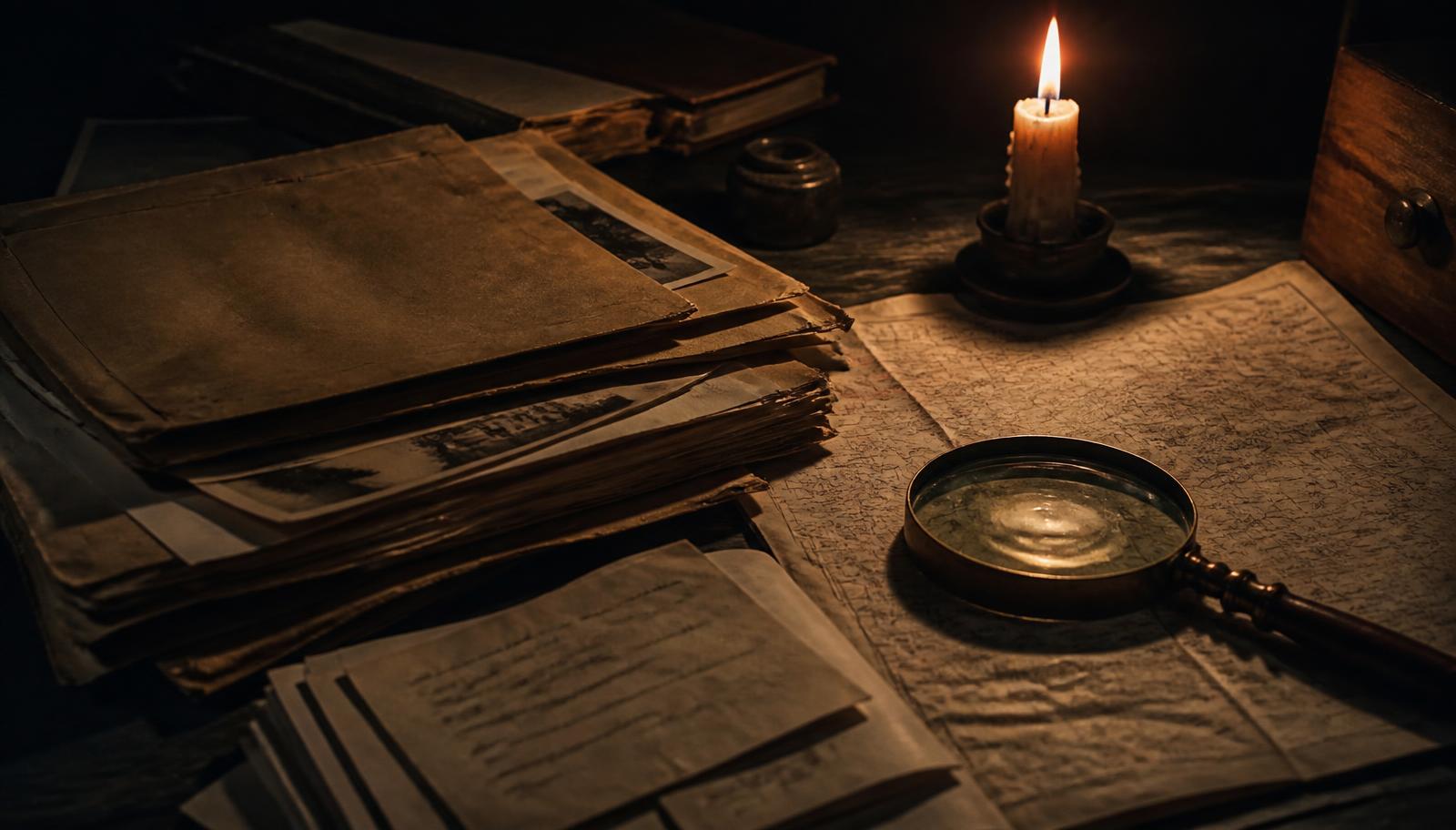 Candlelit desk with case files and notes