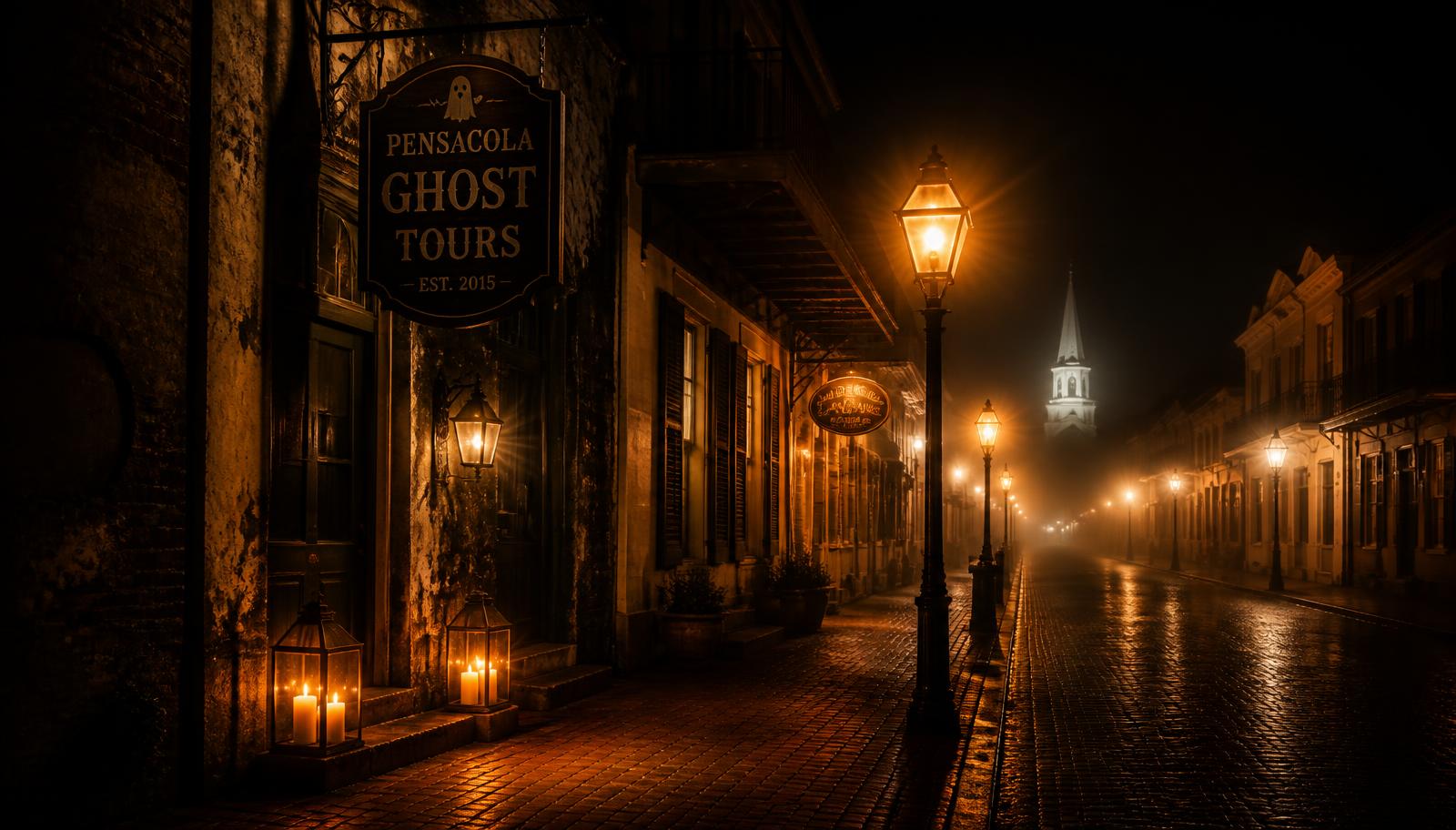 Foggy gas-lit historic Pensacola street at night with lanterns and candles