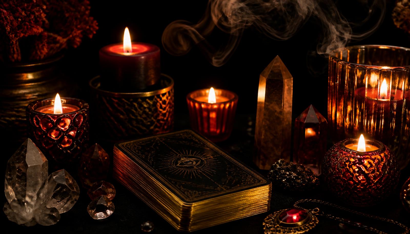 Candlelight, tarot cards and crystals on a black table